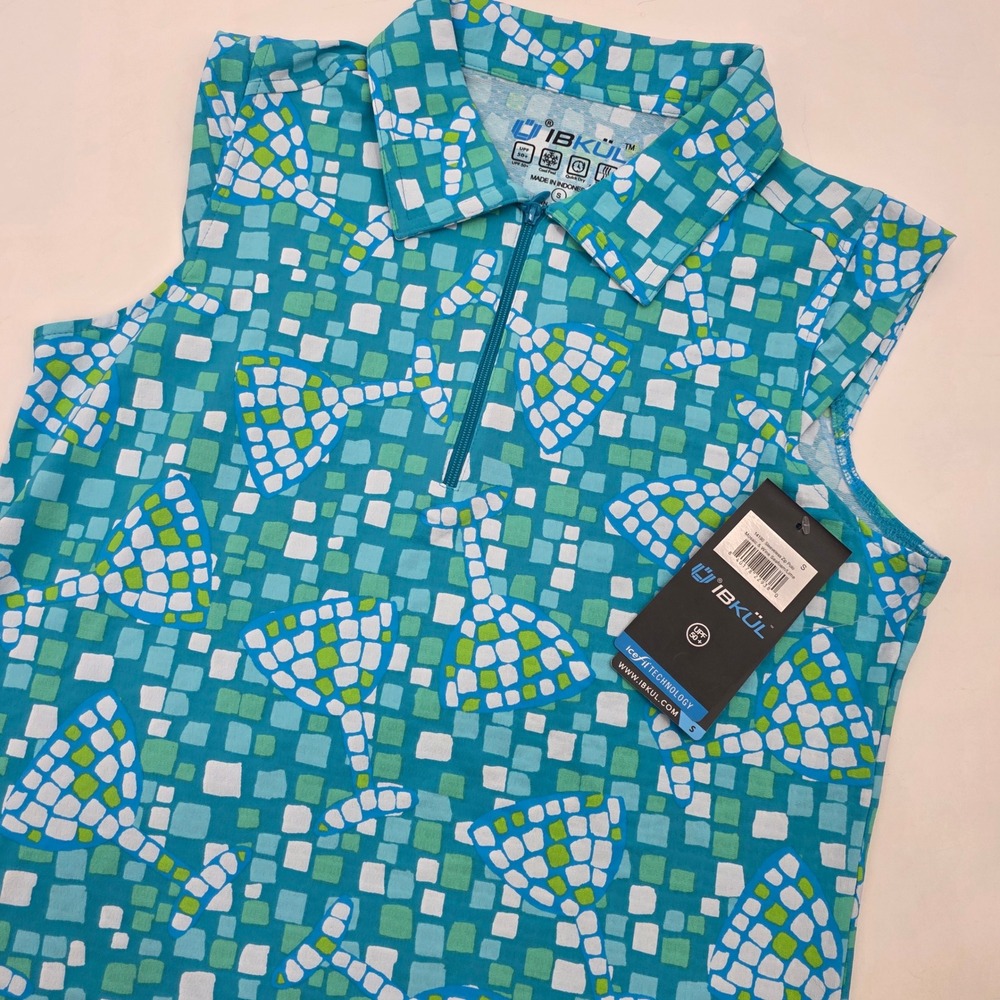 IBKUL WINE MOSAIC GOLF POLO WOMENS SMALL TEAL BLUE SLEEVELESS RUFFLES ZIP NEW!